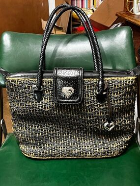 Vintage Brighton Black Leather Heart Woven Wicker Style Braided Handle Purse
